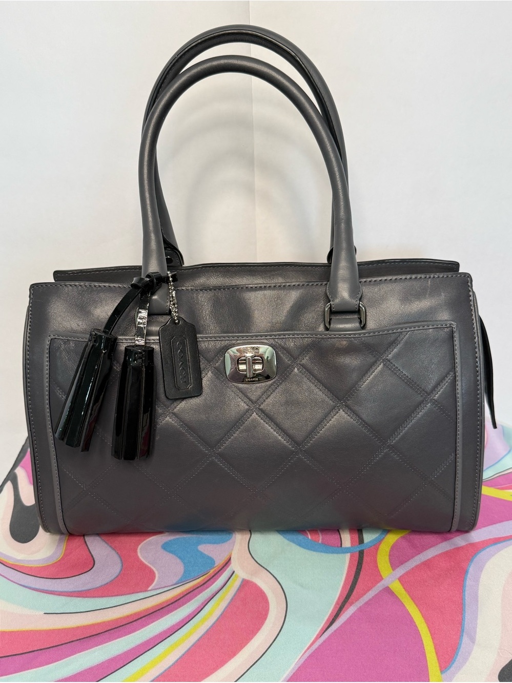 Coach Quilted Leather Satchel in Gray and Black